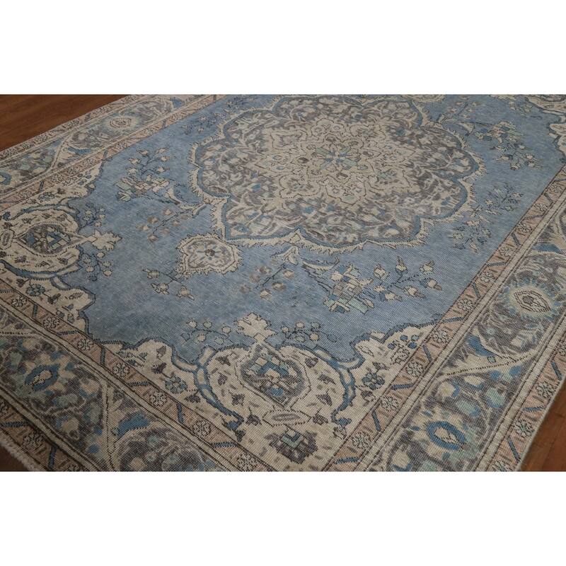 Blue Tabriz Persian Area Rug Handmade Traditional Floral Wool Carpet - 6'7"x 9'6"