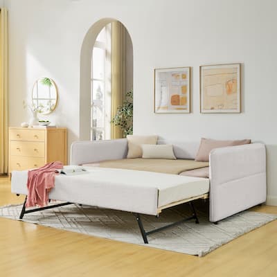 Full Size Boucle Daybed with Trundle and Tufted Upholstered Sofa Bed