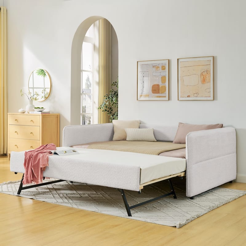 Upholstered Tufted Daybed, Boucle Fabric Sofa Bed Frame with Trundle