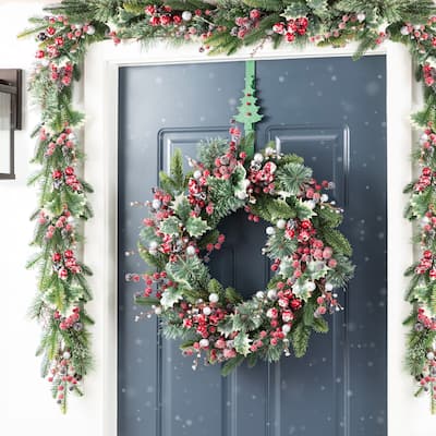 Glitzhome Christmas Red Pomegranate Berry & Holy Leaf Wreath or Teardrop