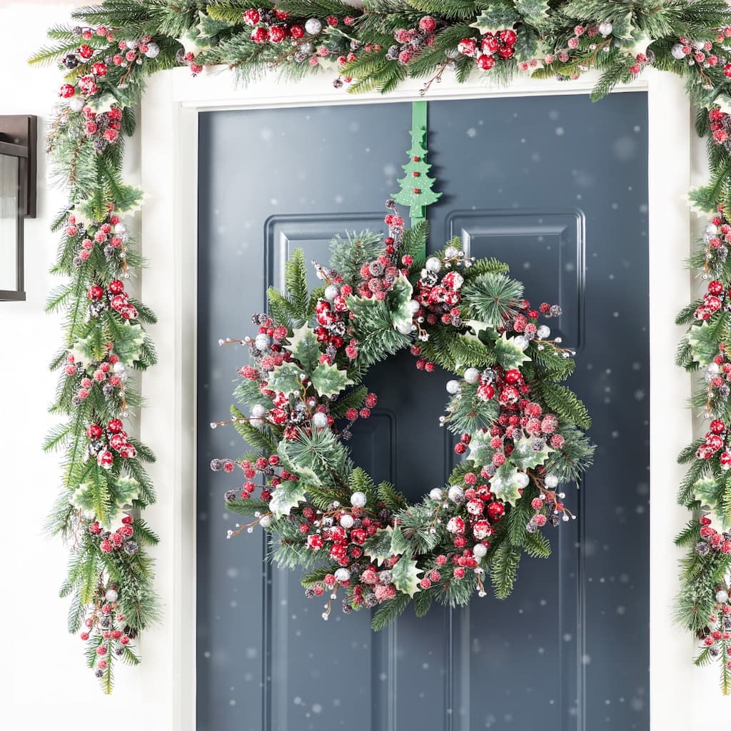 Glitzhome Christmas Wreath Teardrop Swag Red Pomegranate Berry & Holy Leaf Decor for Front Door Holiday Greenery