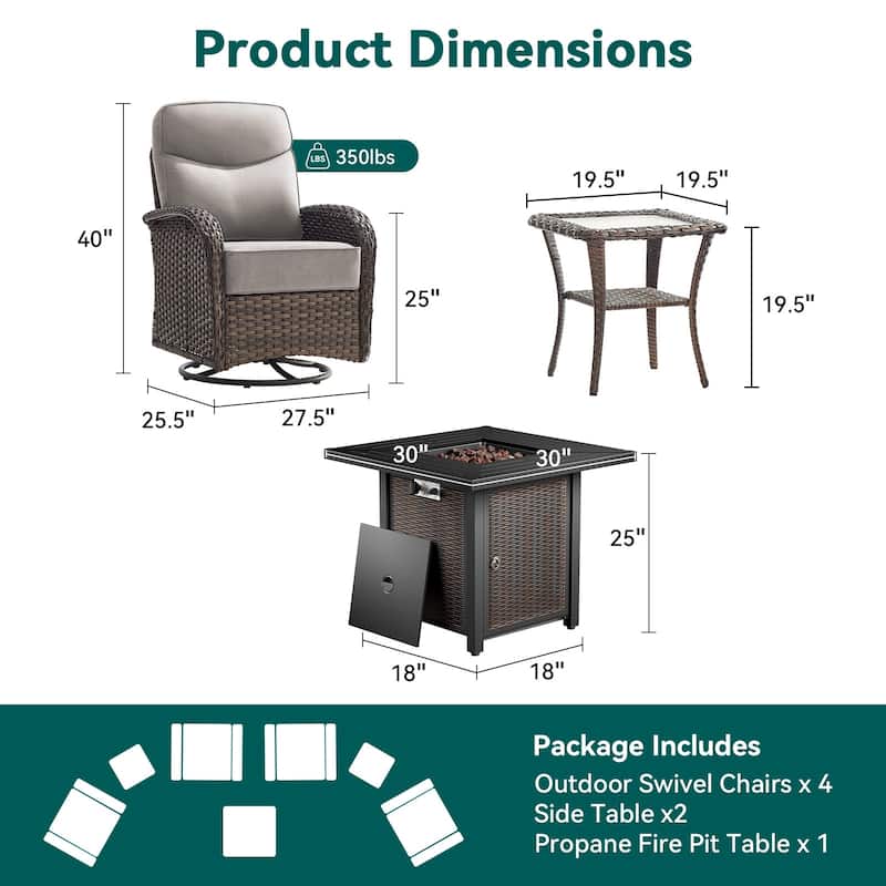 Pocassy Outdoor Sofa Swivel Chair and Ottman with 30in Fire Pit Table