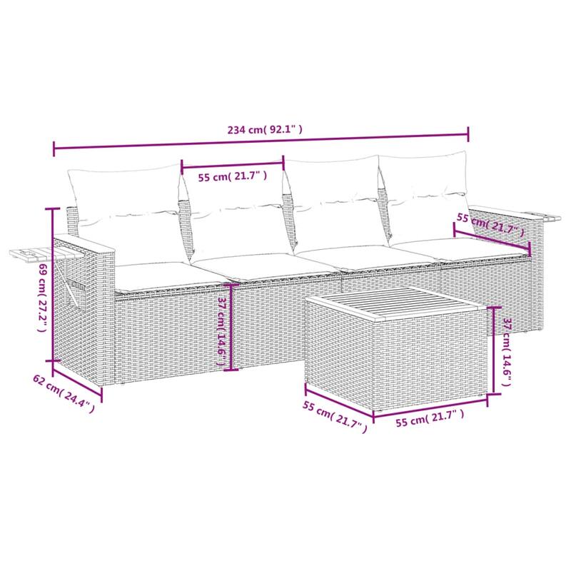 vidaXL 5 Piece Patio Sofa Set with Cushions Black Poly Rattan (US only) - 62/85 x 24.4 x 27.2