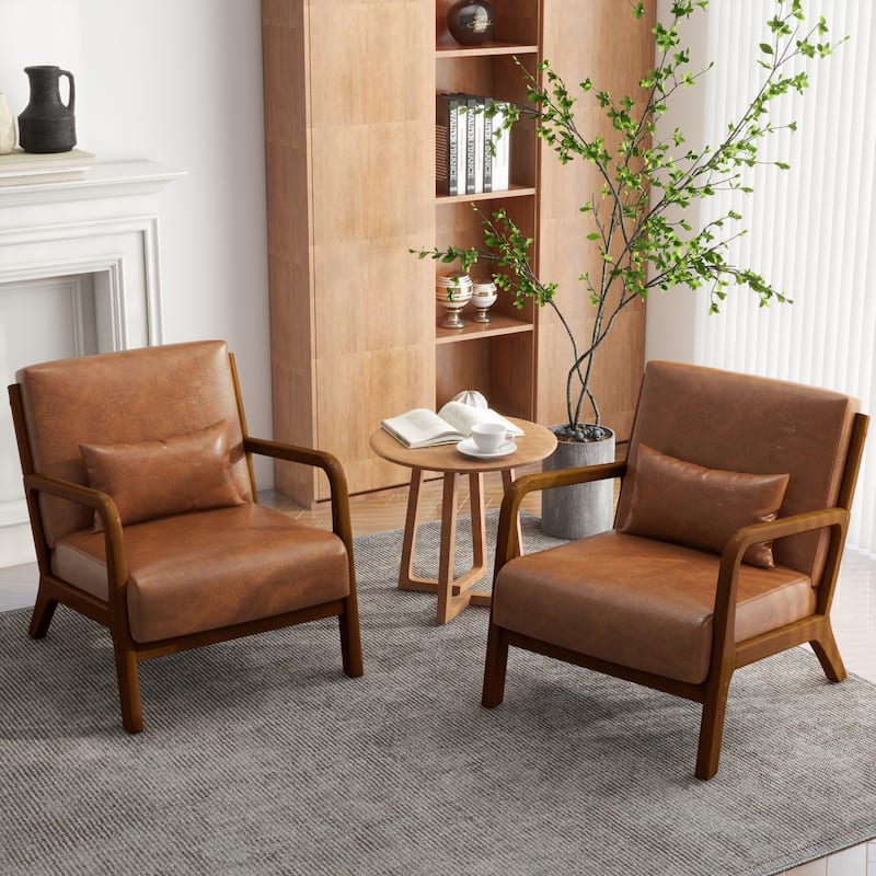 Upholstered Armchair Accent Chairs with Pillows Set of 2 - Brown Wood/PU Leather - Light Brown/PU/Brown Wood