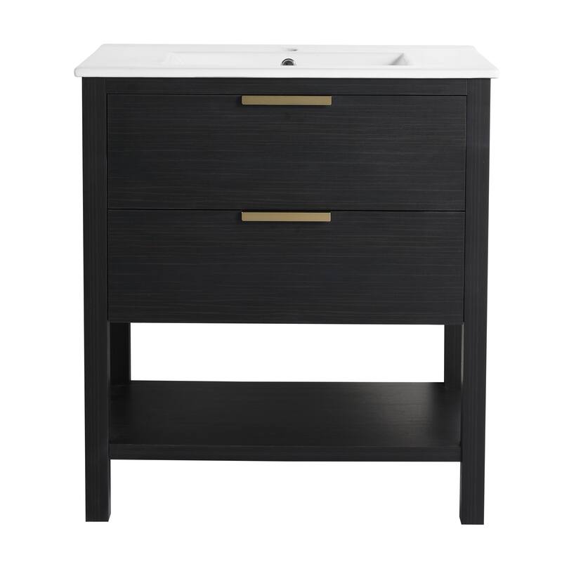 30" Bathroom Vanity with Ceramic Sink, Freestanding, Soft Closing Drawers, 4 Wood Feet, Durable and Water-Resistant