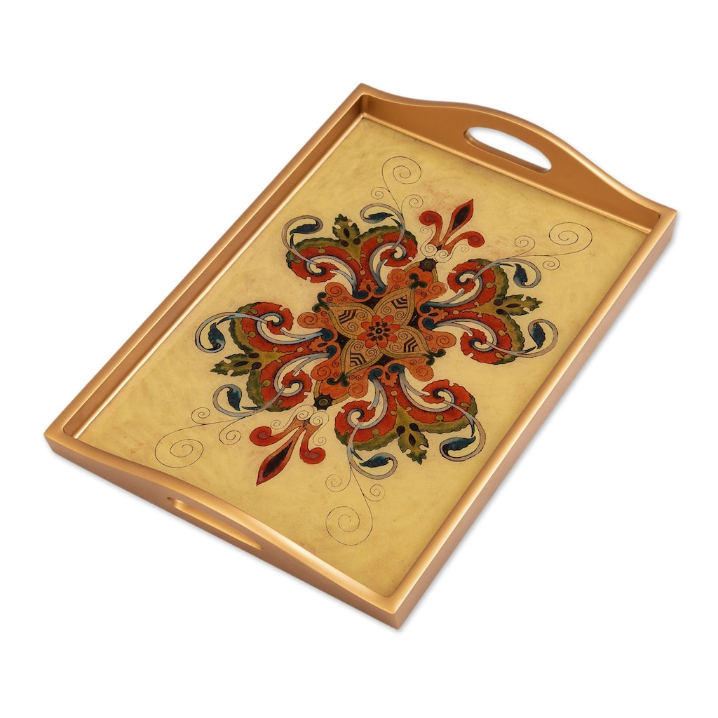 Novica Handmade Golden Era Reverse-Painted Glass Tray