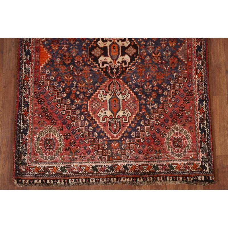 Hand Knotted Oriental 100% Wool Carpet Traditional Tribal Navy Blue & Blues Shiraz Area Rug - 5' 4'' X 3' 8''