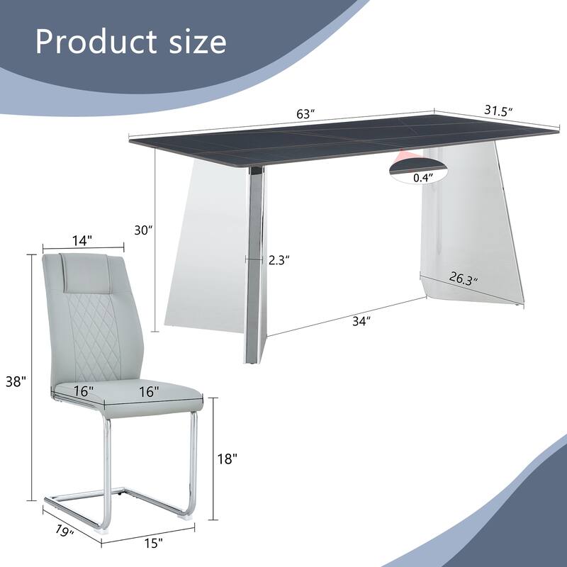 Modern Style Dining Rectangular Table Set with Stainless Steel Butterfly Legs and PU High Back Dining Chairs