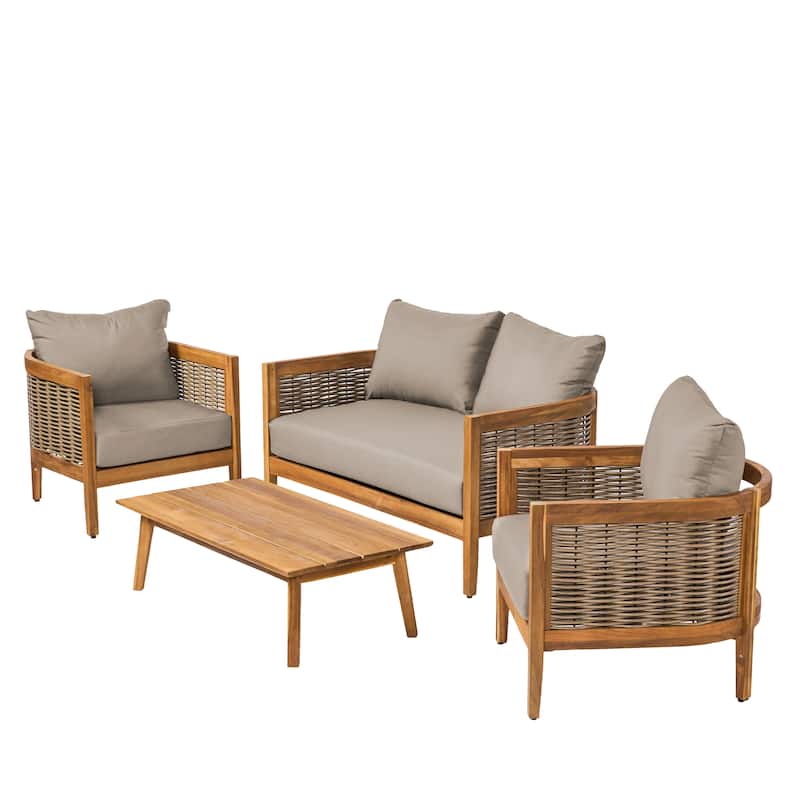 Burchett Outdoor Acacia Wood and Wicker 4 Seater Chat Set with Cushions by Christopher Knight Home