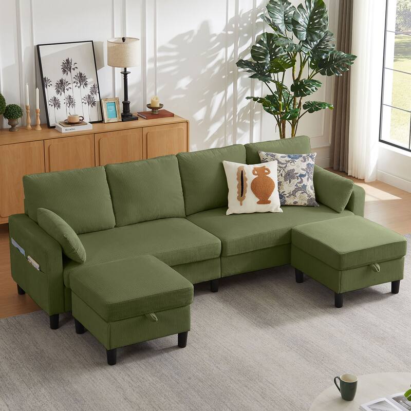 101" Corduroy U Shaped Sectional Sofa with Storage Ottoman