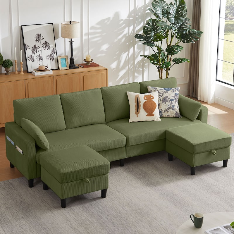 101'' Corduroy Upholstered Sectional Sofa With Storage Ottoman