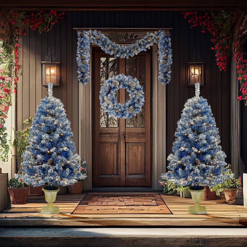Pre-lit Xmas Tree Artificial Christmas 4-Piece Set in Blue