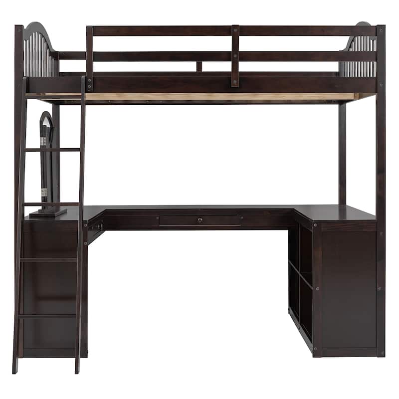 Full Size Wooden Loft Bed with U-Shaped Desk, Tri-Fold Mirror & Storage Compartments, Space-Saving Design