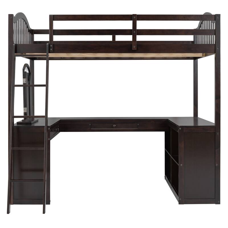 Full Size Wooden Loft Platform Bed Frame with U-Shaped Desk, Storage Compartments and Tri-Fold Mirror for Maximum Space