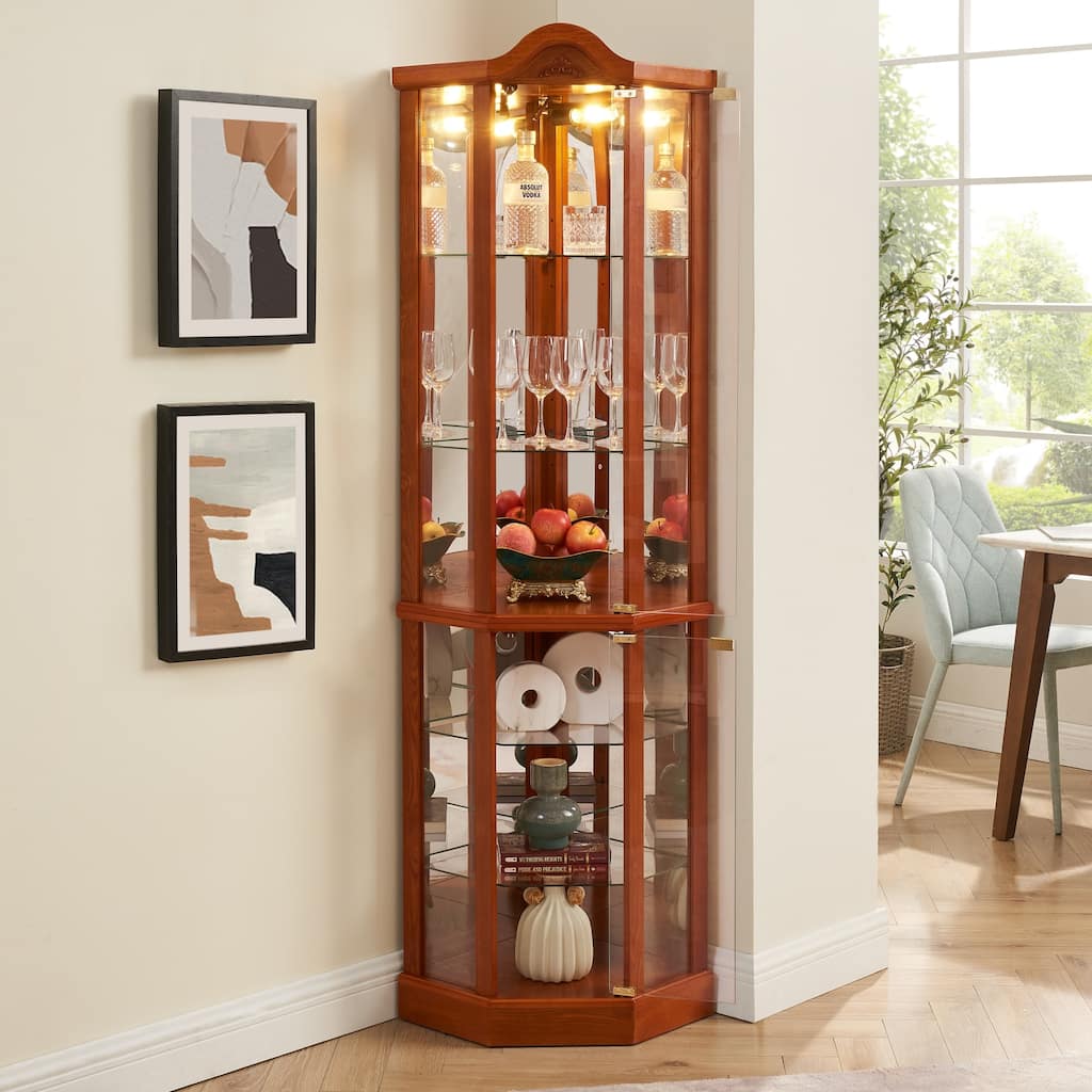 Glass Cabinet Lighted Corner Display Curio Cabinet,Adjustable Glass Shelves,Bulb included