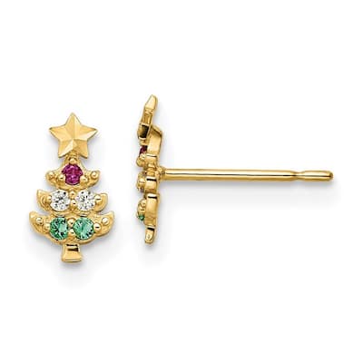 Curata 14k Gold Madi K Red and Yellow CZ Cubic Zirconia Simulated Diamond And Green Glass Christmas Tree Post Earrings Measure