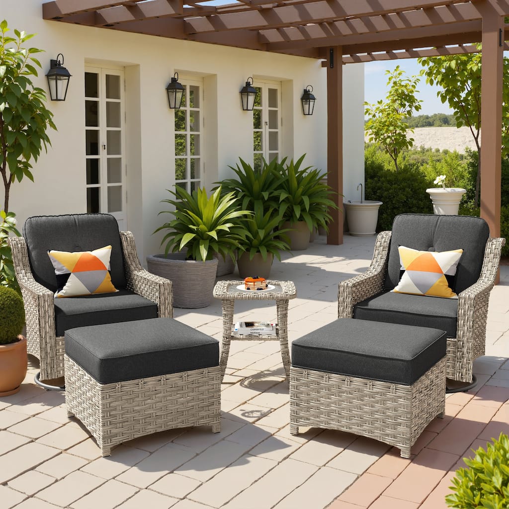 OVIOS 5 Pieces Outdoor Wicker Curved Swivel Chair Set With Ottoman