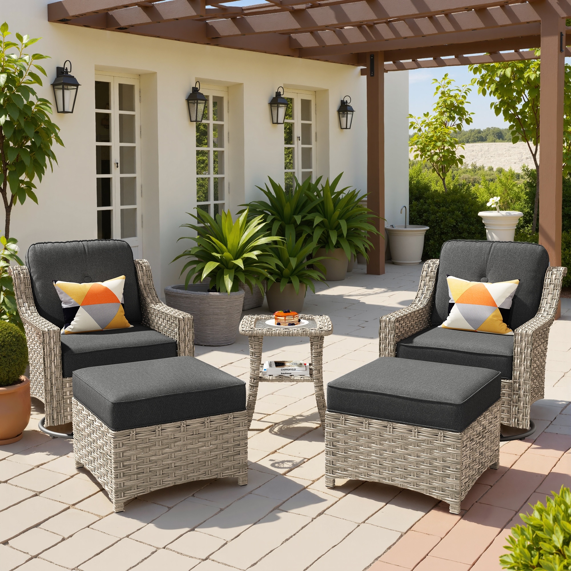 OVIOS 5 Pieces Outdoor Wicker Curved Swivel Chair Set With Ottoman