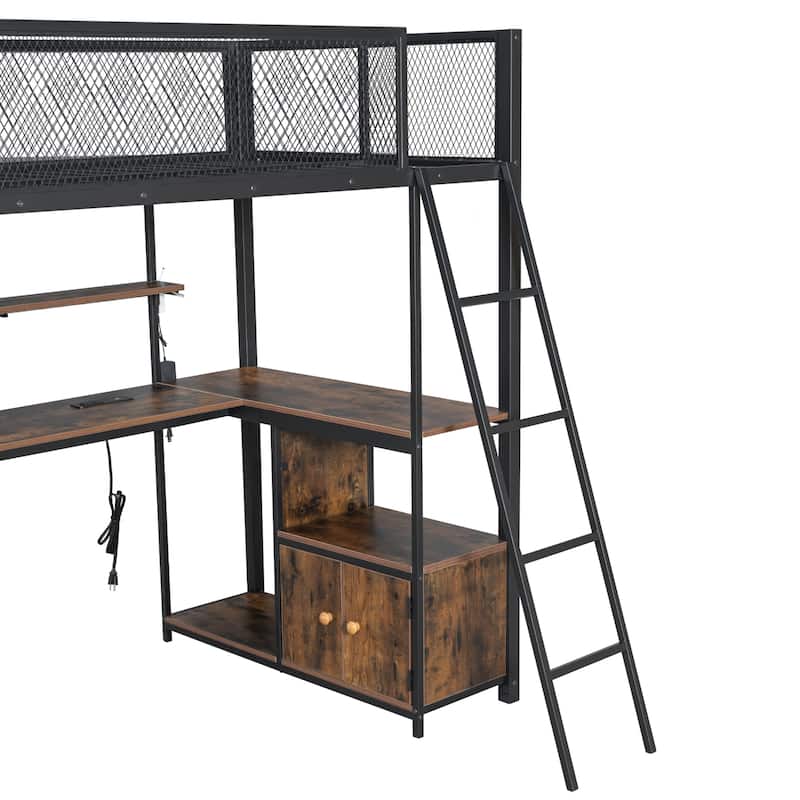 Metal Loft Bed Twin Size Bed Frame with Long Desk and Several Storage Shelves Under the Bed, Controllable LED & Charging Station