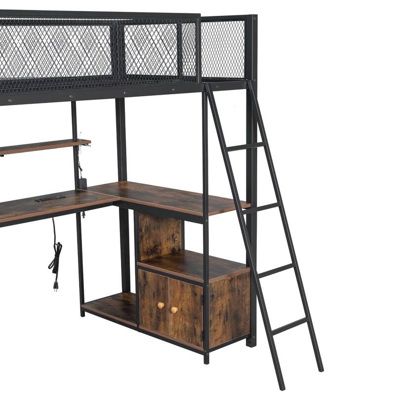 Twin Size Metal Loft Bed With Built-In Work Station, Led And Multiple Storage
