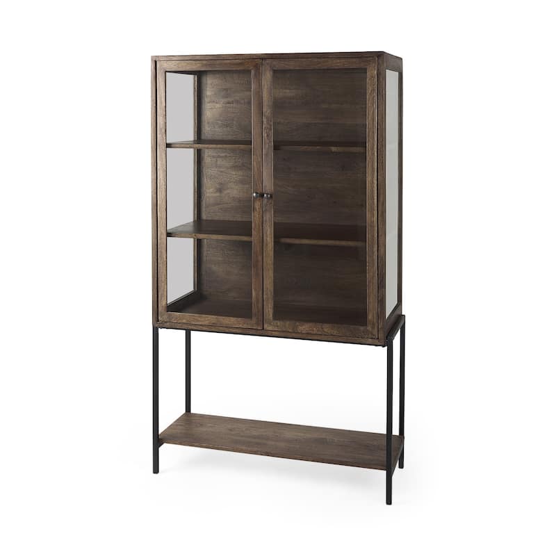 HomeRoots 36" Brown and Black Solid Wood and Metal Display Cabinet With Two Doors