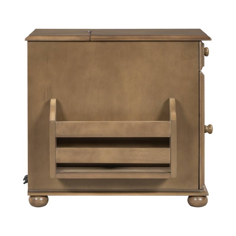 Vintage End Table with USB Ports and Multifunctional Drawer with Cup Holders