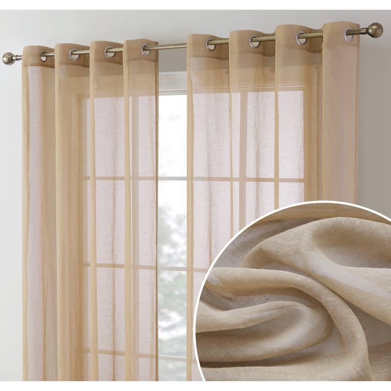 HLC.me Sierra Burlap Flax Linen Semi Sheer Light Filtering Transparent Window Grommet Thick Curtains Panels - Set of 2