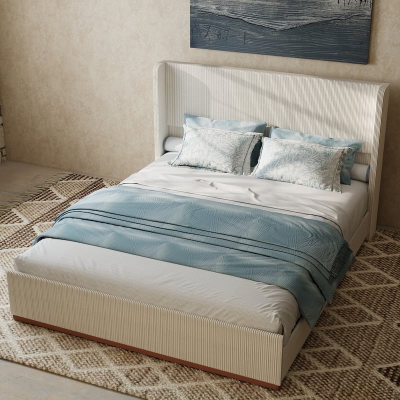 Corduroy Upholstered Platform Bed, Wingback Headboard Bed Frame - Cream - King