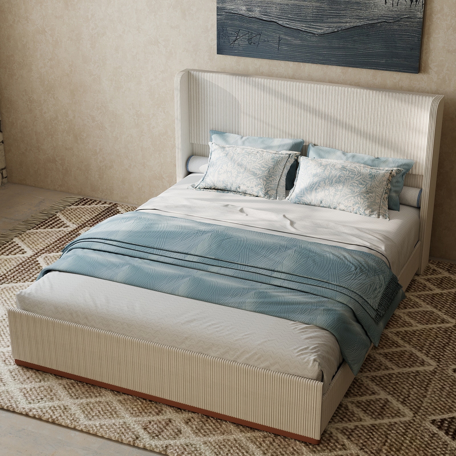 Queen Size Upholstered Bed Frame With 47-Inch Luxury Wingback Headboard