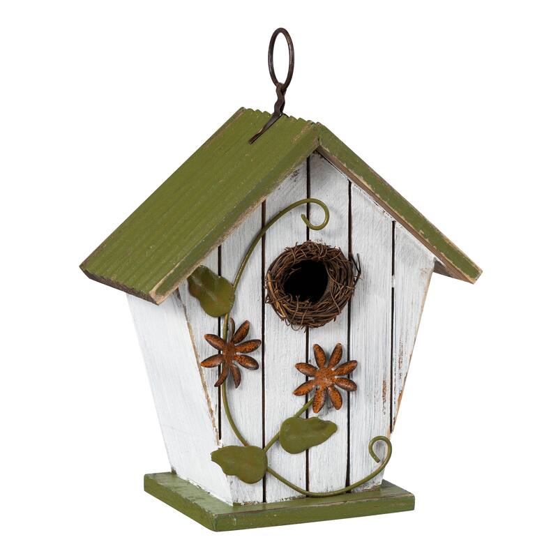 Glitzhome 8.75"H Distressed Solid Wood Decorative Outdoor Garden Birdhouse with 3D Flower