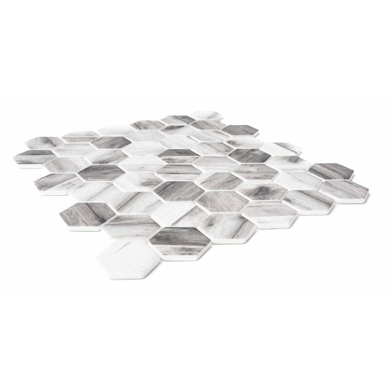 The Tile Life Recycled 1.88x1.88 Grey Hexagon Wood Look Glass Mosaic Backsplash Wall Tile
