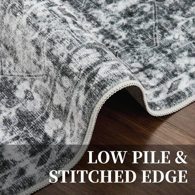 Vintage Boho Washbale Floor Cover Area Rug for Bedroom, Living Room, Black + Grey - 1'6" x 2'6"
