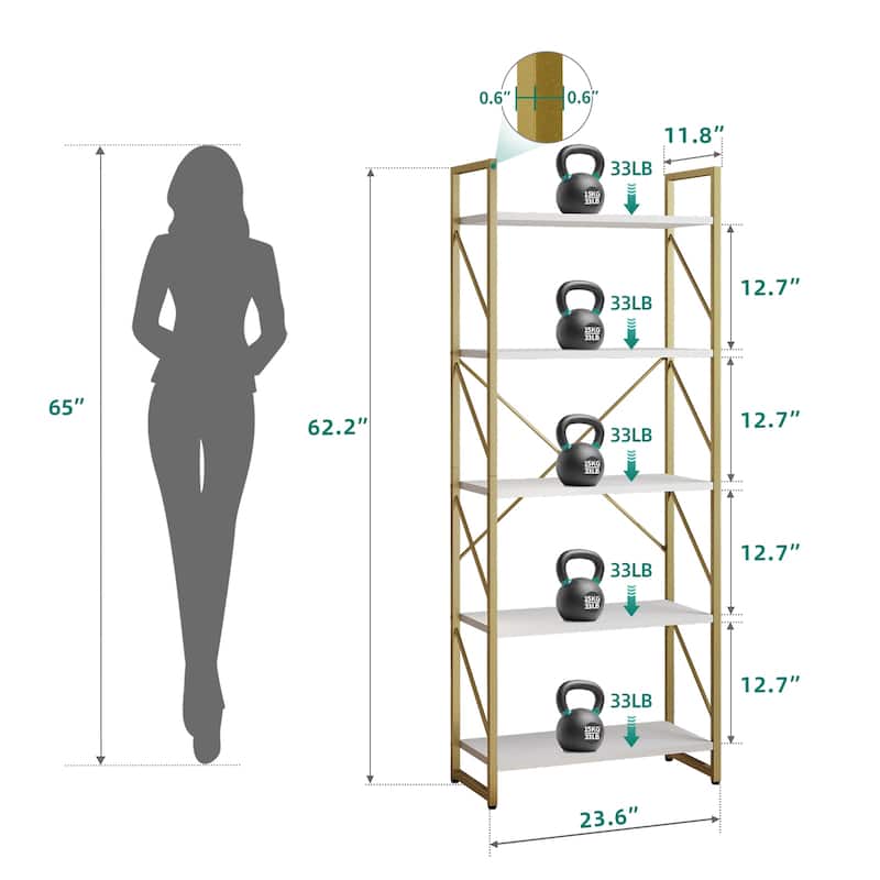 Rould Wood 5 Tiers Gold Frame Bookshelf Storage Rack Shelves Holder