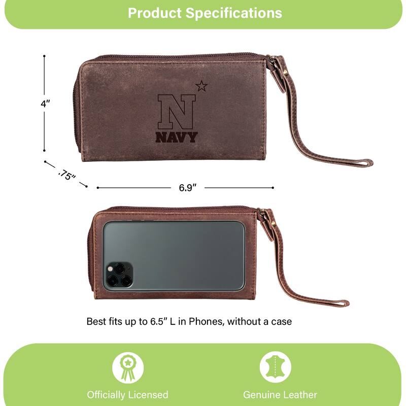 Brown Leather Cell Phone Wristlet Wallet, US Naval Academy - 4" x 7"