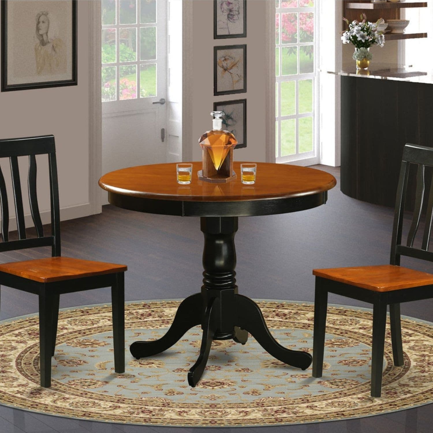 3-Piece Round Black Finish Solid Wood Top Dining Table with 2-Chairs with