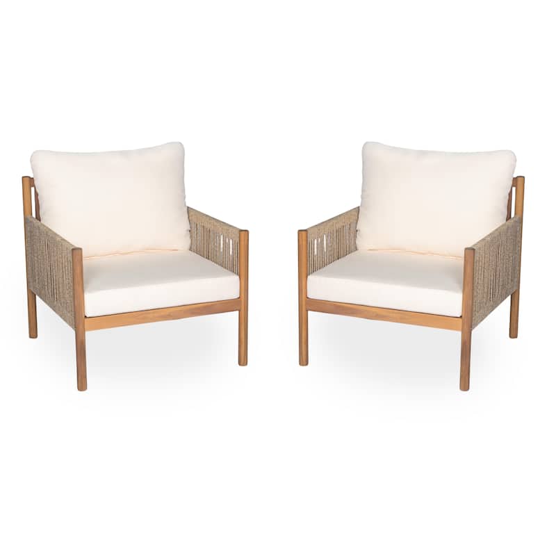 [Set of 2] Modern Outdoor Woven Lounge Chair with Solid Wood Frame and Comfortable Polyester Cushions, for Garden or Balcony
