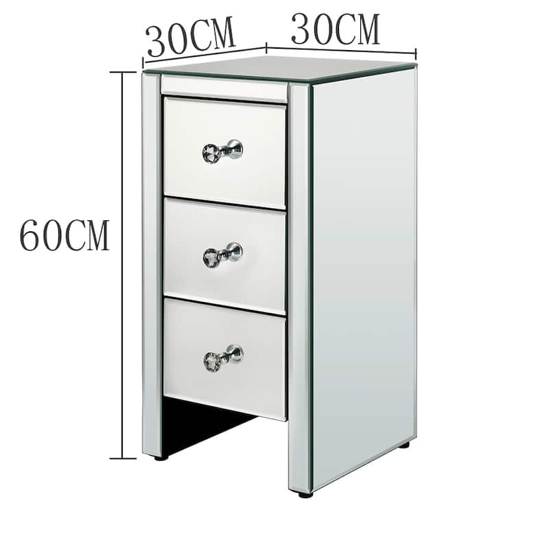 Mirrored Glass Nightstand with Three Drawers