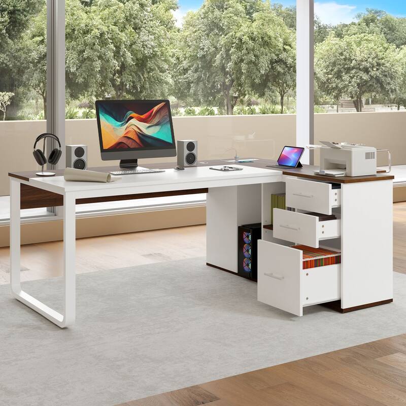 Moasis 71" L-shaped Executive Desk with 3 Drawers Computer Desk for Home and Office