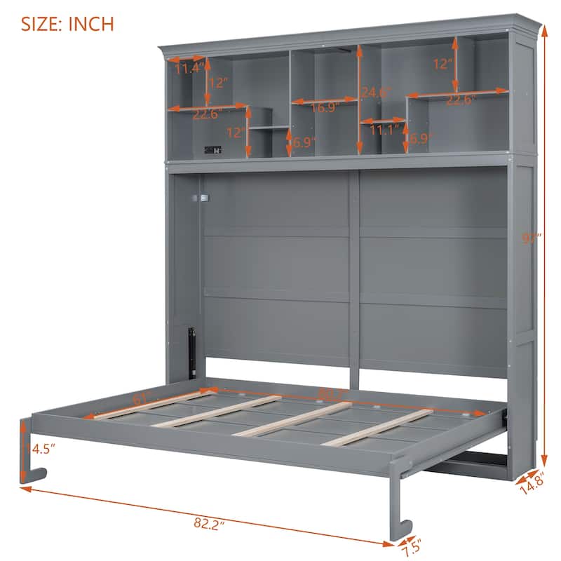 Queen Size Murphy Bed Wall Bed with Top Shelves and USB