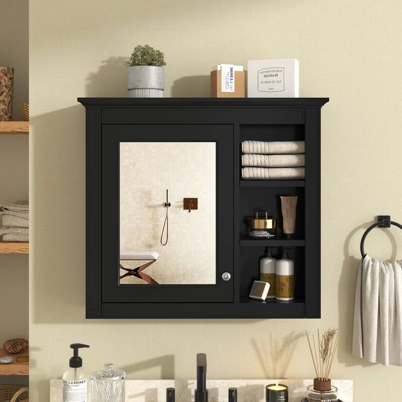 Roomfitters 30"x28" Medicine Cabinet, Wall Mounted Mirror Cabinet with 3 Open Shelves, Bathroom Storage Organizer, Black