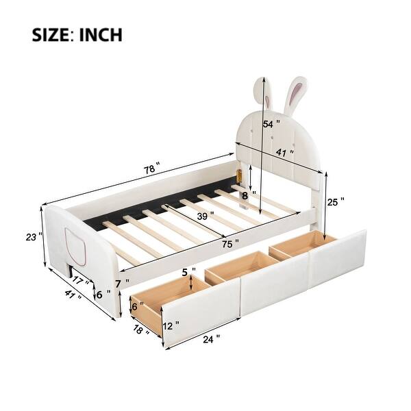 dimension image slide 2 of 4, Adorable Rabbit-Shaped Twin Platform Bed with Drawers and Storage Pockets for Kids