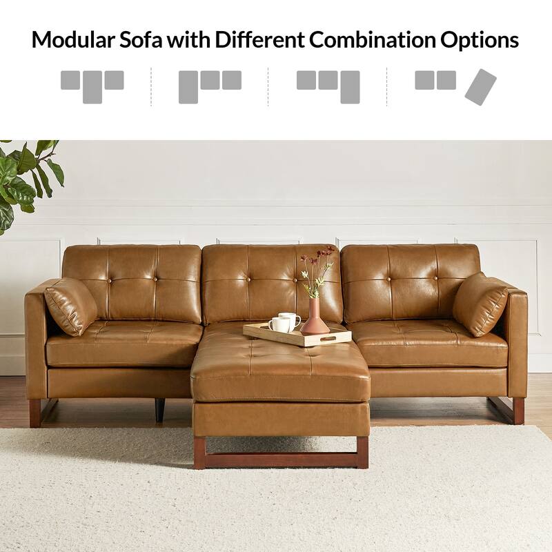 Frances Mid-century Style Genuine Leather Sectional Sofa and Chaise with Soild Wood Legs by HULALA HOME
