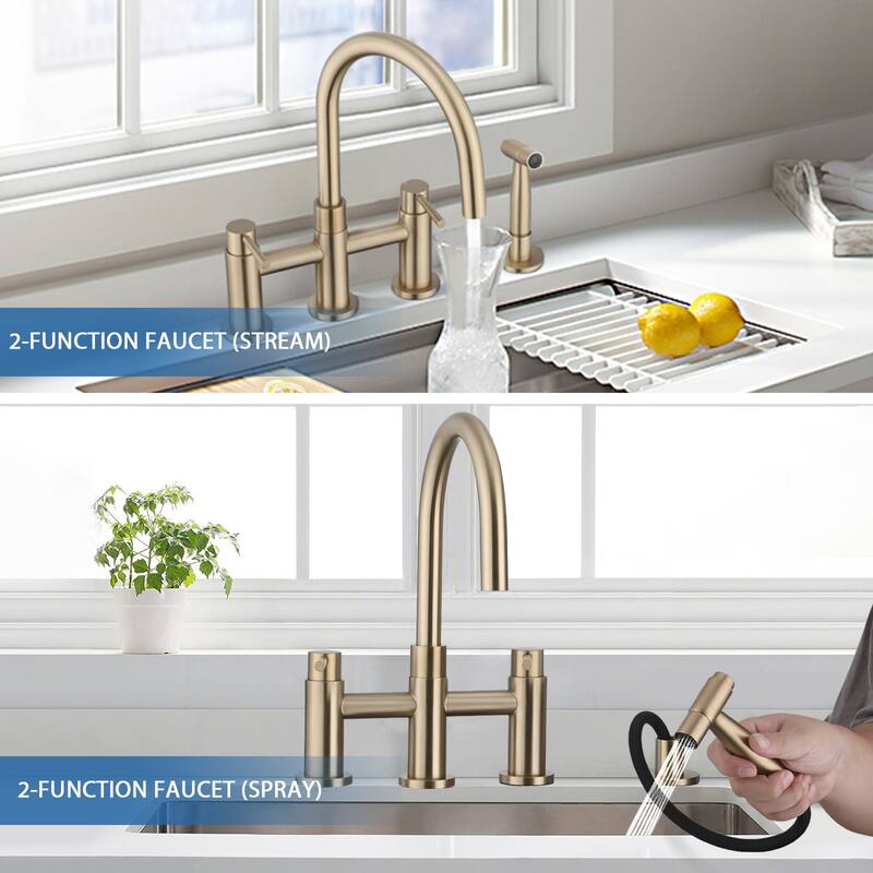 PROOX Double Handle Bridge Kitchen Faucet with Side Sprayer