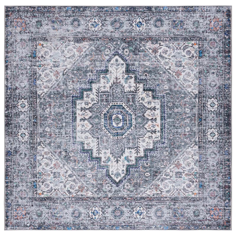 SAFAVIEH Tucson Machine Washable Slip Resistant Hildetraud Oriental Medallion - 6' x 6' Square - Beige/Grey - Square