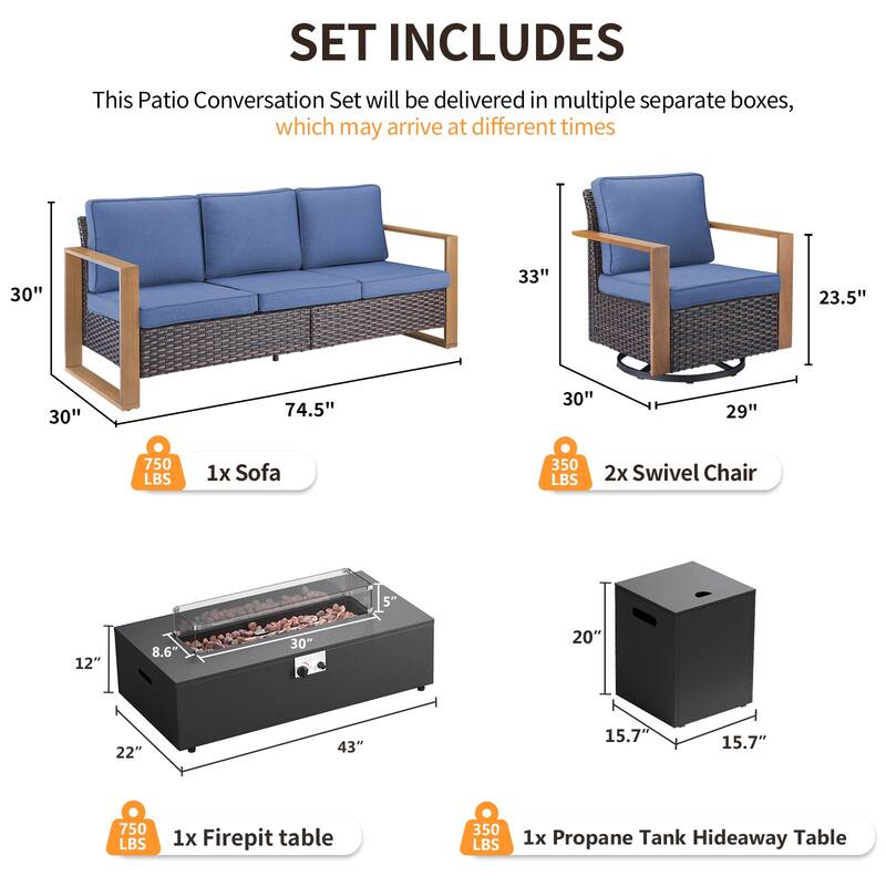 Pocassy Outdoor Sofa Swivel Chair Ottoman w/ 43" Fire Pit Set
