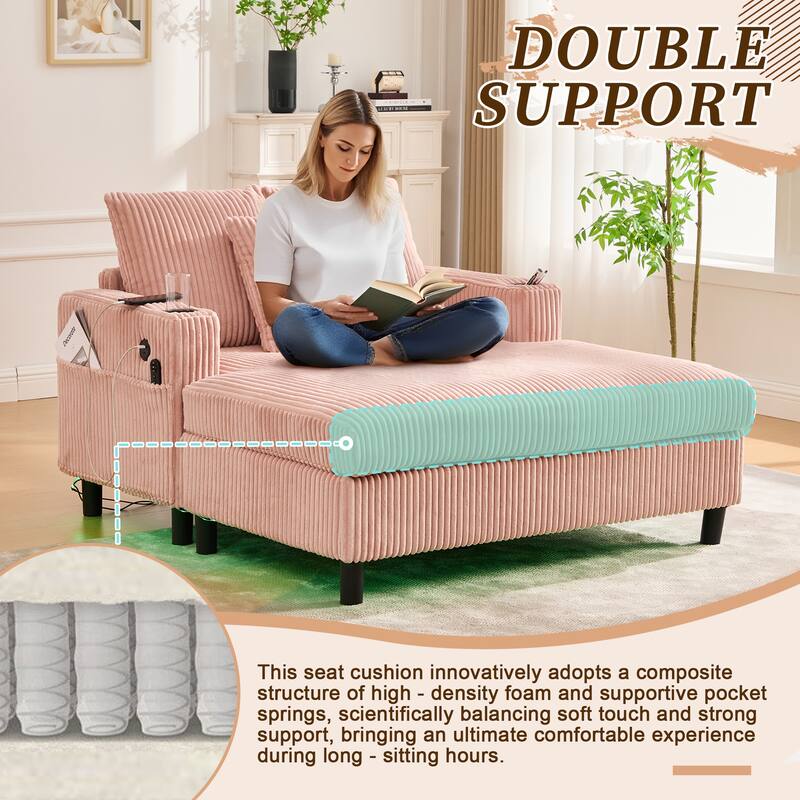 Corduroy Recliner Sofa - Oversized Deep Seat with USB, RGB Lights, Cup Holder & Side Pocket - Living Room, Bedroom