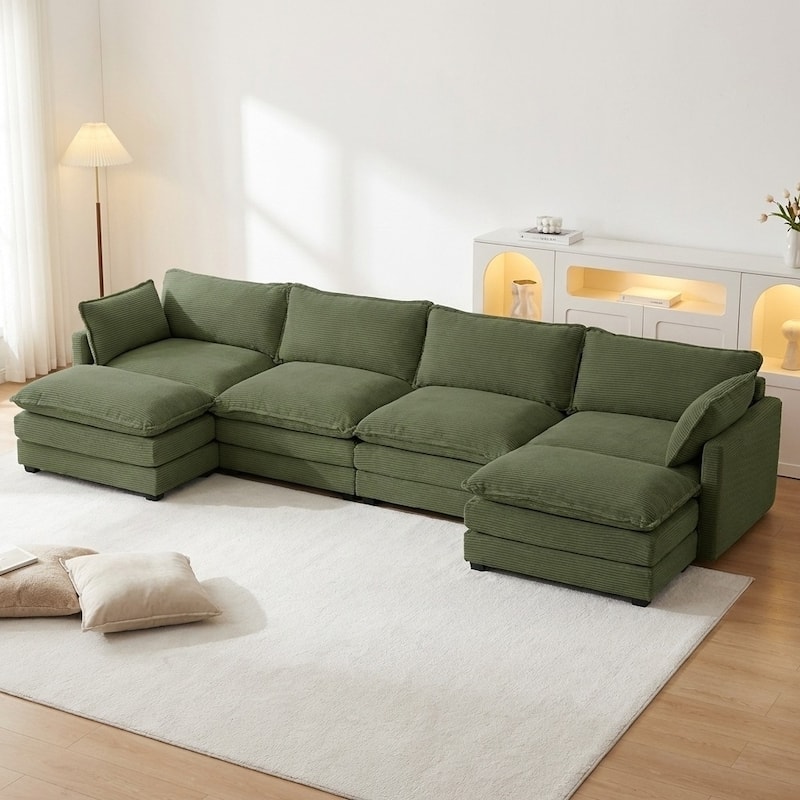 Oversized Modular Corduroy Sectional Sofa Set with Ottoman, 3-Seater / 4-Seater Deep Seat Lounge Couch for Living Room - Olive Green 4 Seat - Symmetrical