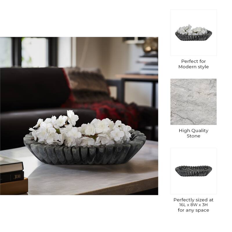 Decorative Wavy Marble Bowl with Ribbed Texture -Home Decor - 16", Tan