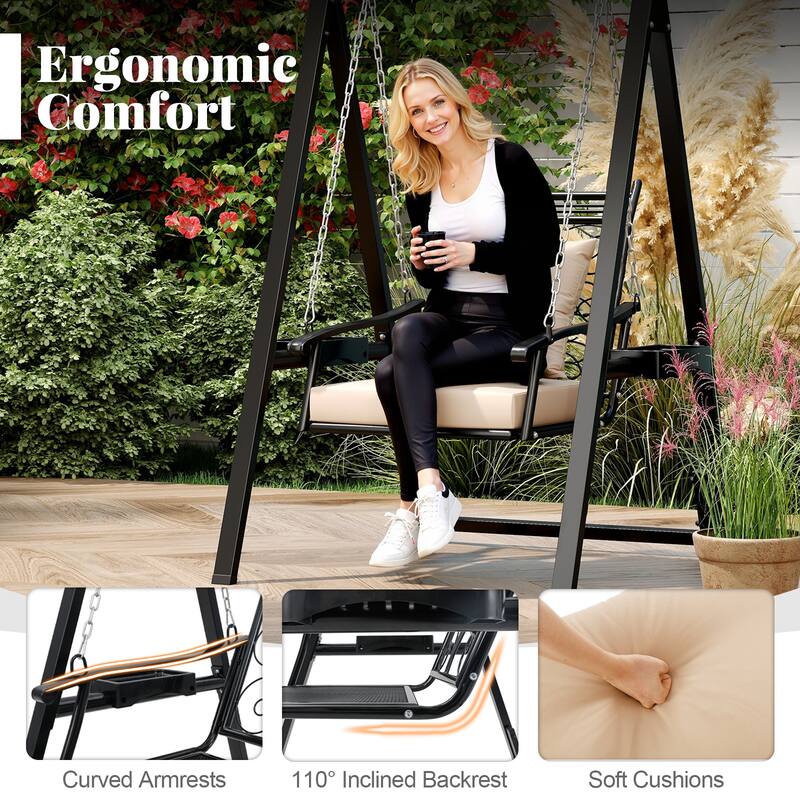 Gymax Outdoor Porch Swing w/Stand Removable Cushions Side Tables for