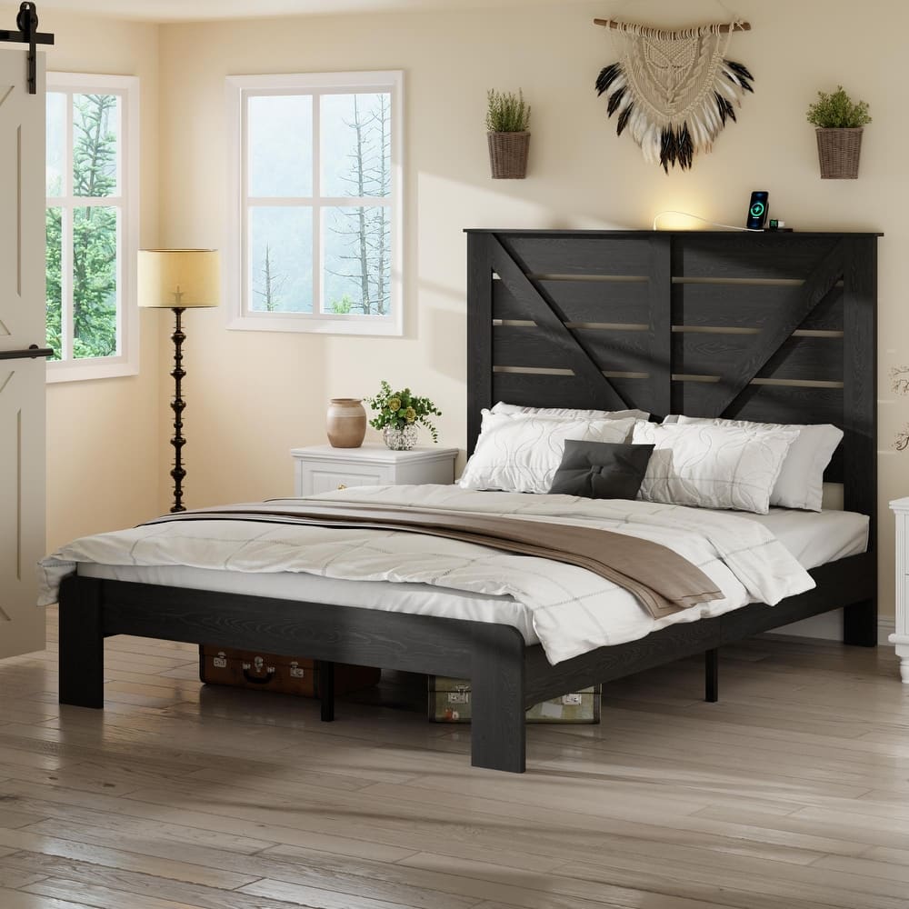 Platform Bed Wood Bed Frame with High-back Headboard, USB Charging Station, Touch Lamp, Metal Slats Support, Noise Free